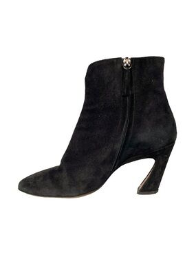 The Fold Black Suede Sculptural Heel Ankle Bootie 37